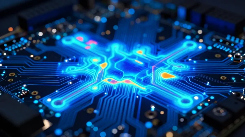 Material Science and Thermal Management A thermal visualization effect on a circuit board showing heat dissipation patterns in shades of blue and deep red.
