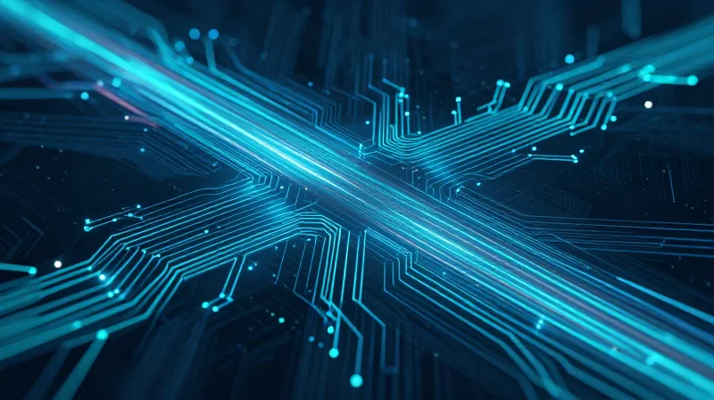Addressing Signal Integrity at 56G and Beyond Abstract visualization of high-speed data flow and signal paths on a motherboard