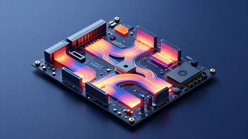 Managing Thermal Dissipation in Dense Architectures Conceptual 3D heatmap visualization of a server motherboard with thermal vias