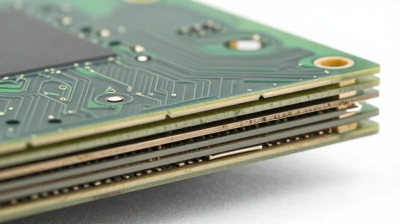 Advanced Materials and High-Layer Count Solutions Cross-section of a high-layer count PCB showing intricate copper layers