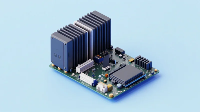 Thermal Management and Power Delivery Innovations Isometric view of a server motherboard with heat sinks and thermal dissipation components