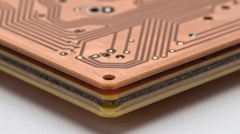 Cross-section view of a high-frequency RF printed circuit board showing layered materials and copper traces.