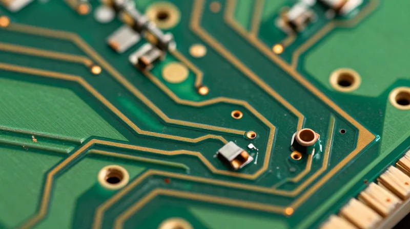 Macro shot of a precise 50-ohm microstrip trace on a green PCB.