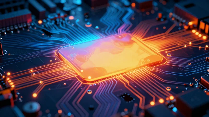 Visual representation of heat dissipation on an electronic circuit board using thermal colors.