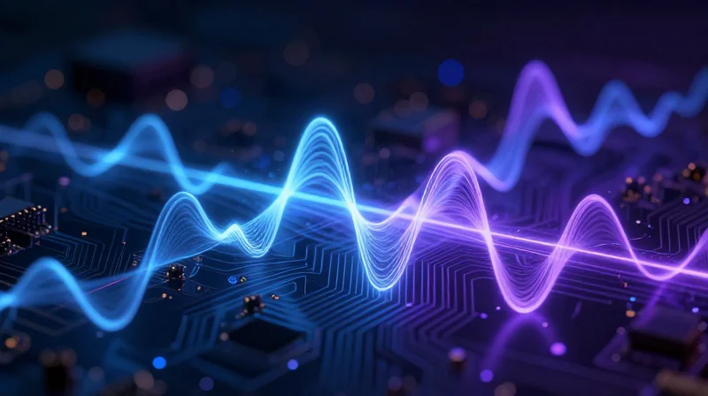 Understanding High-Frequency Signal Integrity Challenges Abstract visualization of electromagnetic wave interference in a high-frequency circuit environment.
