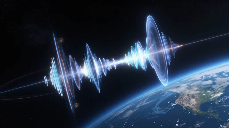 The Evolution of Frequency: From Ku to V-Band Abstract representation of high-frequency satellite signal waves in space