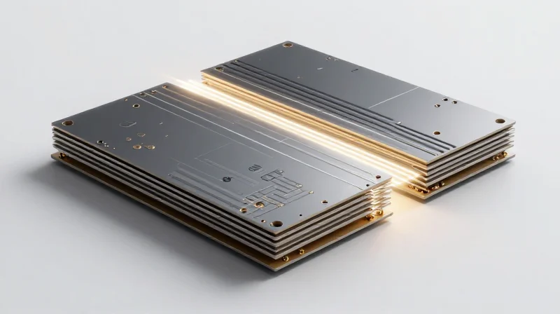 Mitigating Signal Loss through Material Selection and Stack-up Design Abstract visualization of layered high-frequency PCB materials demonstrating signal integrity.