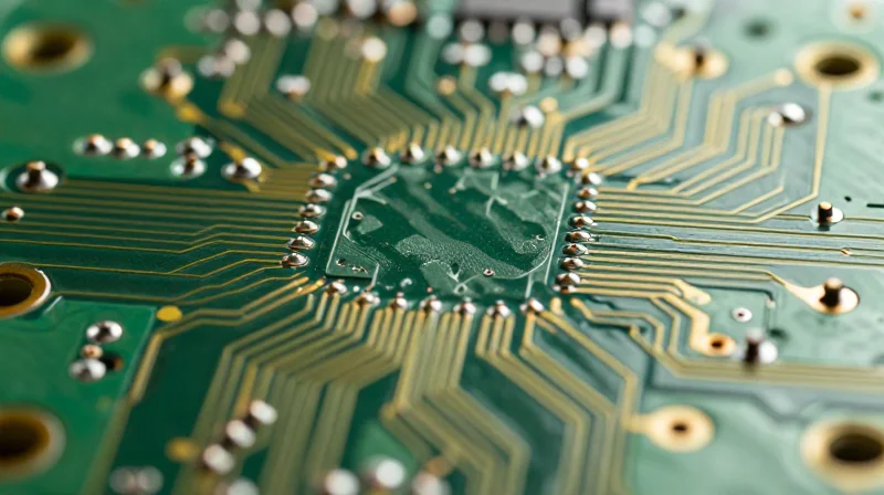 Assessing Technical Capabilities and Manufacturing Capacity Close-up macro shot of microscopic vias on a green HDI PCB board
