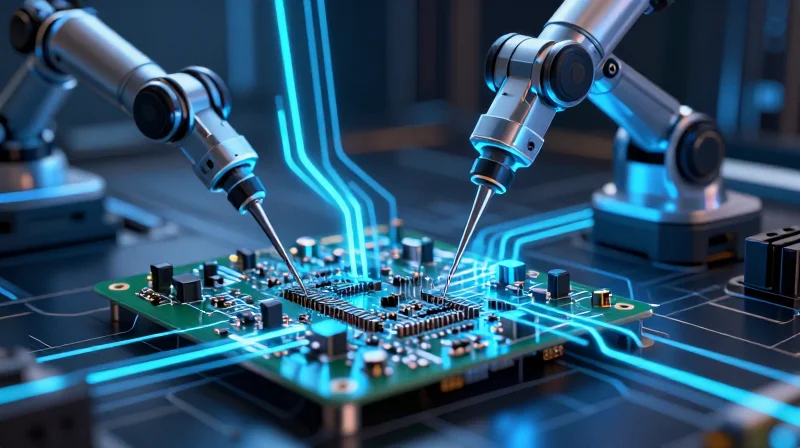 Verifying Quality Control and Testing Protocols Abstract representation of high-tech testing probes examining a circuit board surface