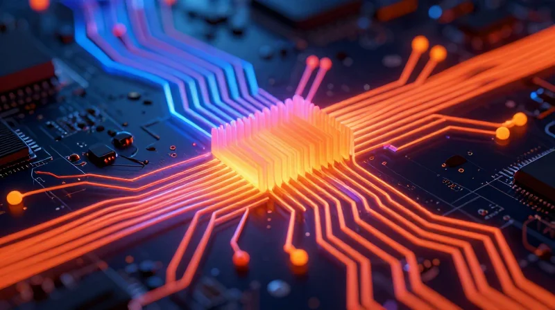 Thermal Management and Power Efficiency An abstract visualization of heat moving through a printed circuit board with glowing thermal paths.