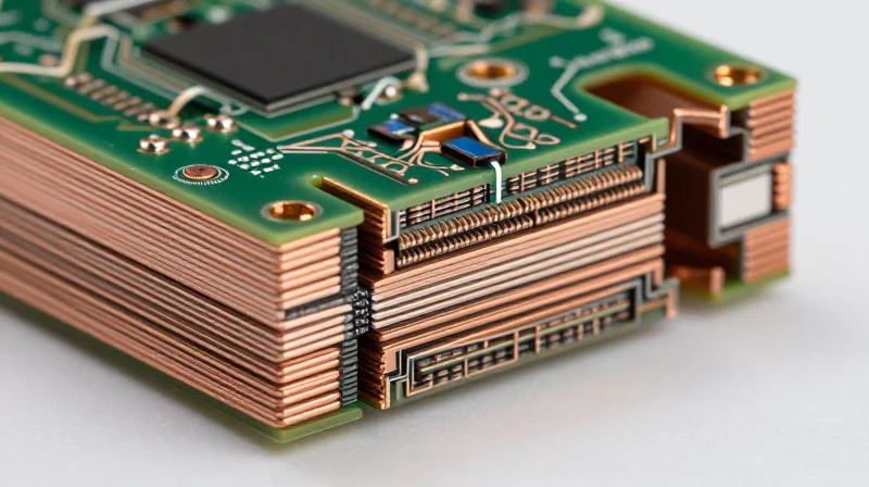 Strategic Layer Stackup Planning A cross-section of a multi-layer HDI PCB stackup showing distinct copper layers and dielectric materials in a balanced arrangement.