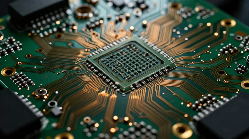 Anatomy of HDI: Why Microvias and Fine Pitch Matter Close-up of a high-density PCB showing intricate microvia structures