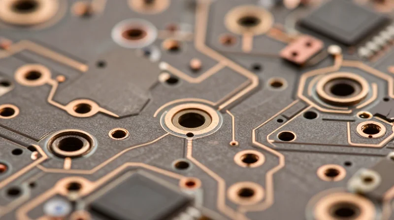 Evaluating Advanced Microvia Capabilities A close-up view of high-precision laser drilled microvias on a multilayer PCB, showing clean circular holes with uniform plating.