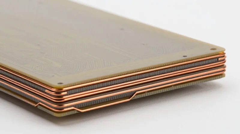 Material Science Expertise and Dielectric Selection Abstract representation of layered PCB dielectric materials and conductive traces showing signal flow.