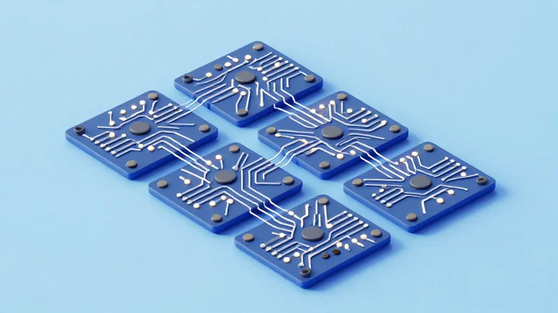 Assessing DFM (Design for Manufacturing) Support Abstract 3D illustration showing the integration of engineering design modules into a unified circuit layout.