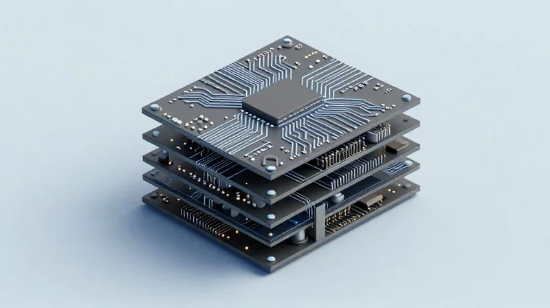 The Evolution of Any-Layer HDI Architecture Isometric view of a modern multi-layer HDI circuit board with complex interconnect layers and microvias