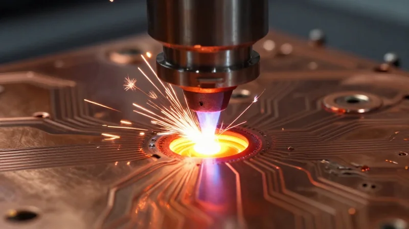 Mastering Laser Microvia Fabrication Industrial laser beam hitting a PCB surface for microvia creation