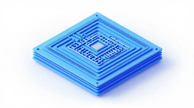 Understanding the Any-Layer HDI Advantage An isometric 3D view of an Any-Layer HDI PCB showing complex microvia structures and vertical interconnects.