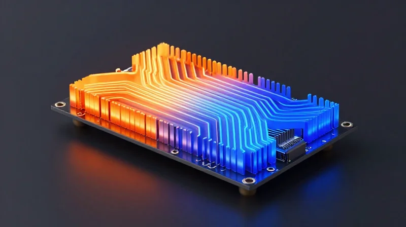 Addressing Reliability and Thermal Constraints Heat dissipation visualization on a small circuit board, demonstrating efficient thermal transfer.