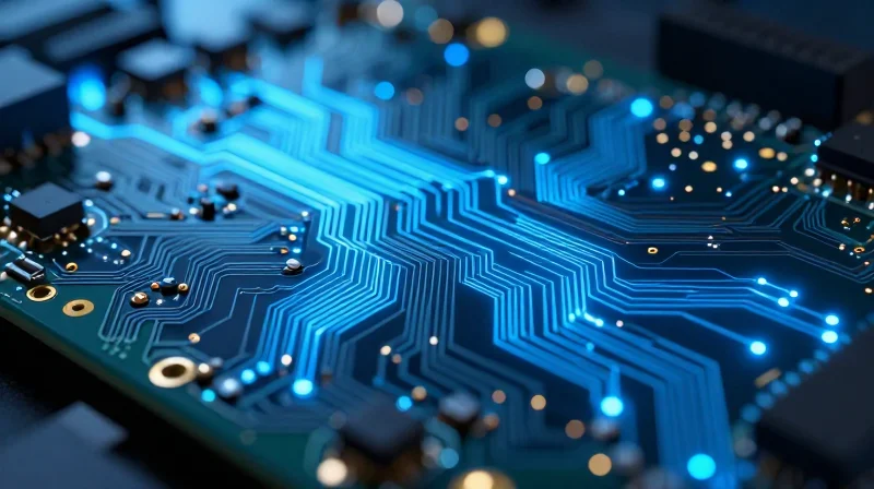 The Critical Importance of Impedance Control in PCB Design A close-up view of complex high-speed PCB traces with glowing signal patterns.
