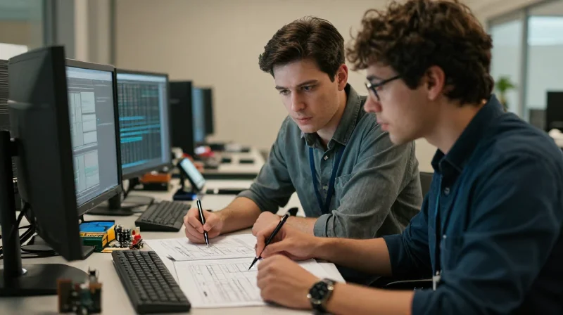 Technical Support: Collaborative Engineering Beyond the Print Two people working together on a high-tech engineering schematic.