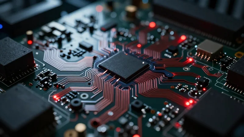 The High Cost of Iterative Design Flaws Conceptual visualization of a complex circuit board with glowing red highlights representing errors, set in a modern industrial design environment.