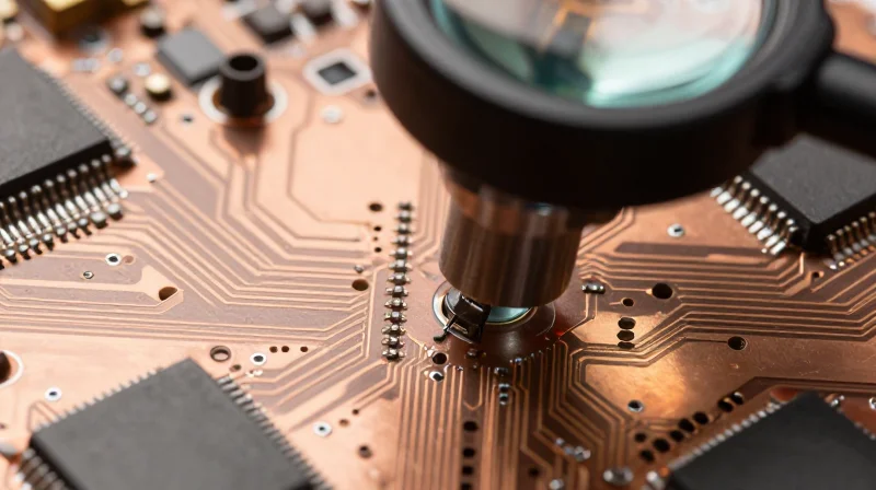 Case Study: Identifying the Bottleneck A magnifying lens focusing on a microscopic section of a circuit trace on a green PCB board.