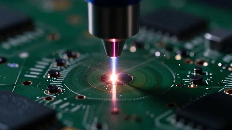 Evaluating Laser Drilling Precision and Capabilities Concept art of a focused laser beam creating microscopic holes in a circuit board substrate.