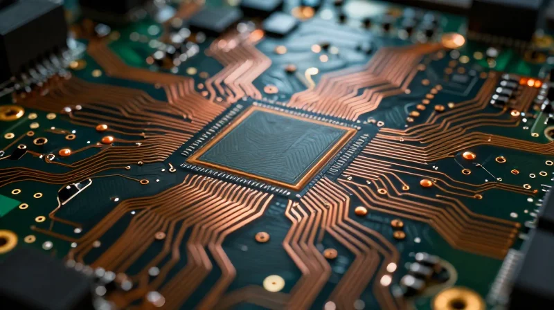 Understanding the Role of Interconnect Complexity A close-up view of a high-density PCB showing complex interconnected circuits and signal traces.