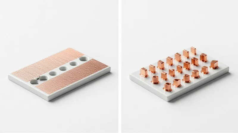 Advanced Metalization Techniques: DPC vs. DBC Split-screen conceptual view of DPC and DBC copper bonding on ceramic