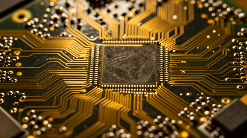 The Evolution of PCB Material Standards A close-up of a modern circuit board showing intricate copper traces and soldering patterns