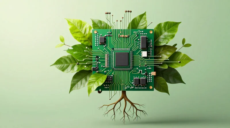 The Competitive Advantage of Sustainable Electronics Conceptual image of a circuit board sprouting green nature elements