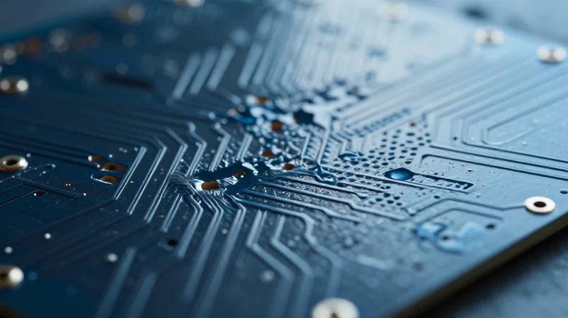 Understanding the Material Differences of Halogen-Free Laminates A close-up of a high-tech PCB substrate structure showing layered composition with molecular-like connectivity.
