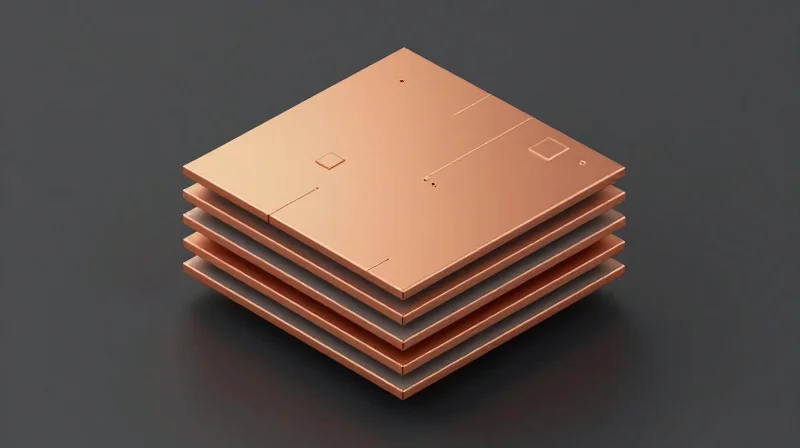 Copper Stack-Up Optimization for Higher Tg Materials A 3D representation of a balanced copper stack-up in a PCB design.