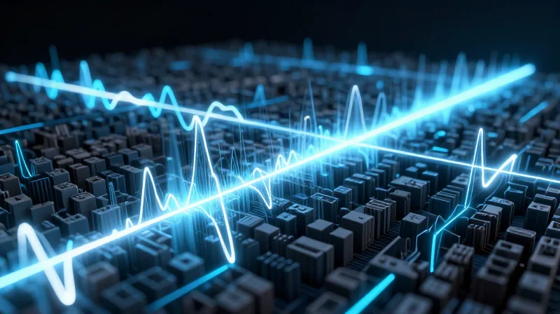 The Physics of High-Frequency Signal Loss Abstract visualization of electromagnetic signal waves traveling through a high-frequency circuit substrate with glowing energy dissipation patterns.