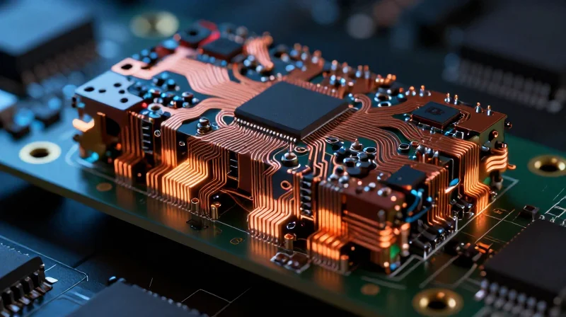 The Evolution of Multilayer PCB Complexity A close-up, high-tech view of a complex multi-layer PCB cross-section showing dense circuit layers and interconnects.