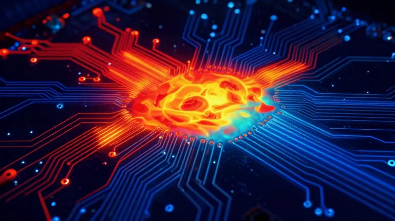 Thermal Management Strategies for Dense Electronics Visual representation of thermal dissipation in a dense electronics board, highlighting heat zones.