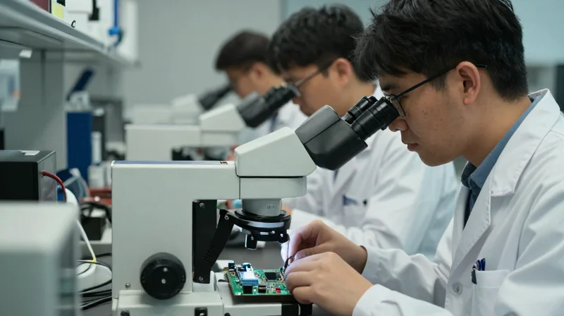 Evaluating Technical Expertise in BGA Assembly Engineering team examining complex circuit boards with professional microscopes