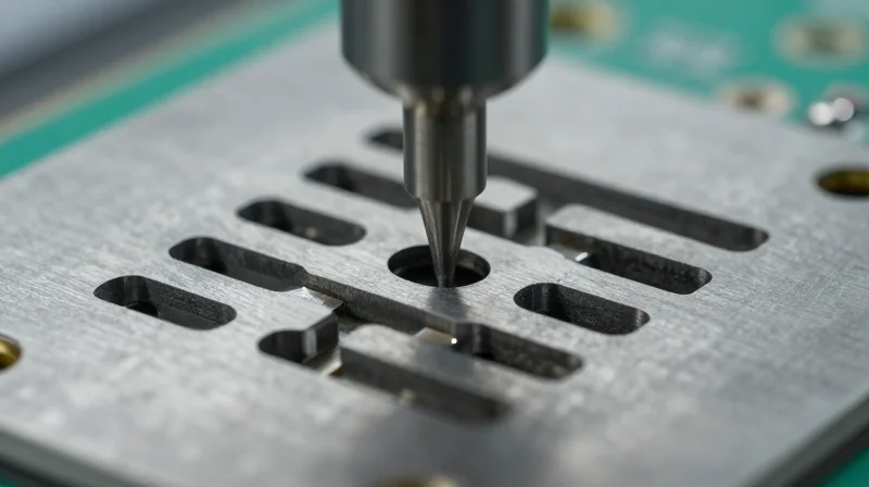 Stencil Engineering for Consistent Volume Control A precision steel stencil over a PCB with uniform aperture openings