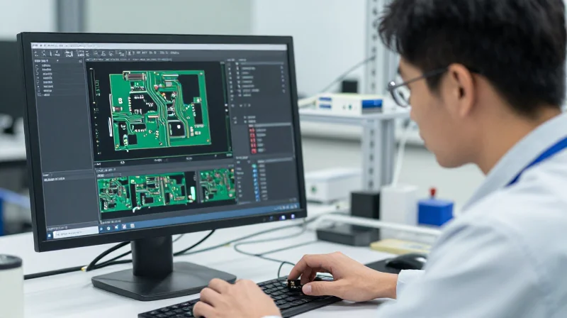 The Direct Correlation Between DFM and Assembly Speed A professional engineer analyzing a clean PCB design layout on a high-resolution workstation screen in a modern lab environment.