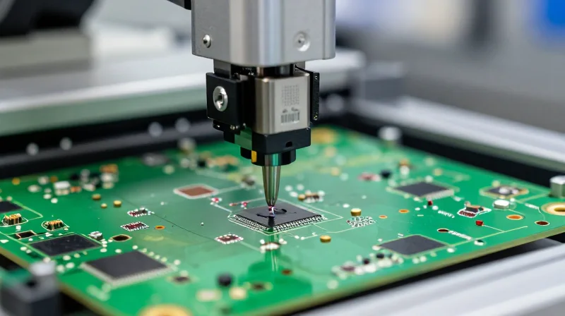Mastering Component Placement Rules Close-up view of a high-precision SMT pick-and-place machine nozzle positioning components on a circuit board.