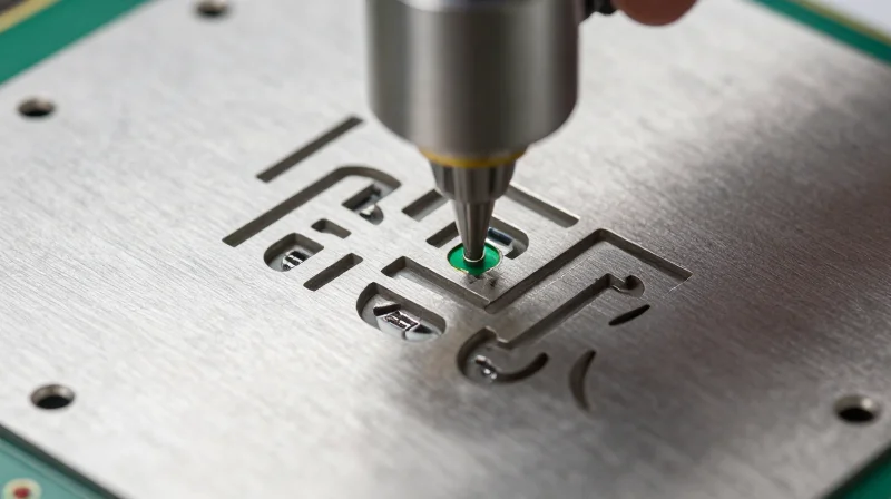Optimizing Stencil Design for Precise Solder Deposition A close-up view of a stainless steel solder paste stencil aligned over a printed circuit board.