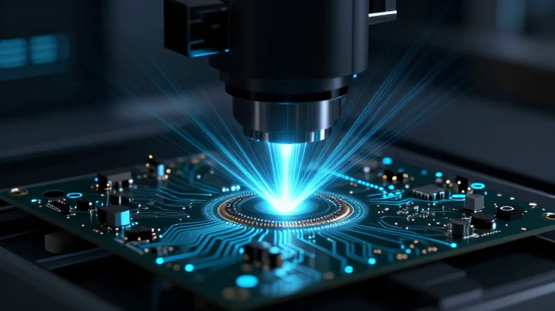 Preparing Files for Automated Optical Inspection (AOI) An abstract representation of an AOI system scanning a circuit board with light rays.