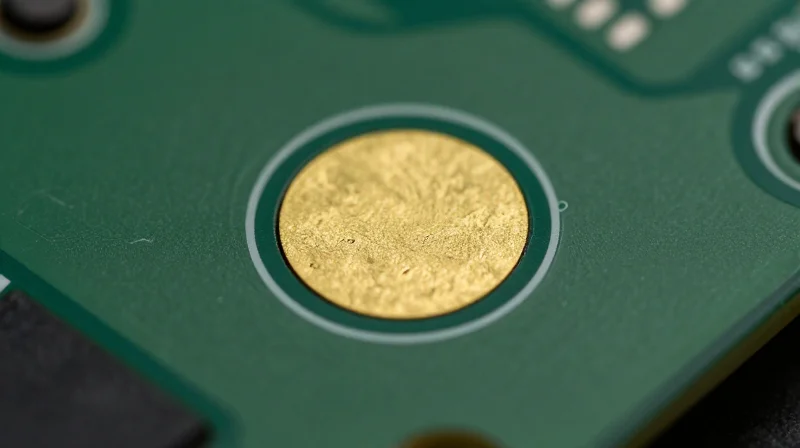 Minimizing Complexity: Fiducials and Tooling Holes Close up view of a circular gold-plated fiducial mark on a printed circuit board corner.