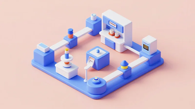 Standardizing Sub-Assembly Testing Protocols Isometric view of testing stations and modular assembly components on a clean white background