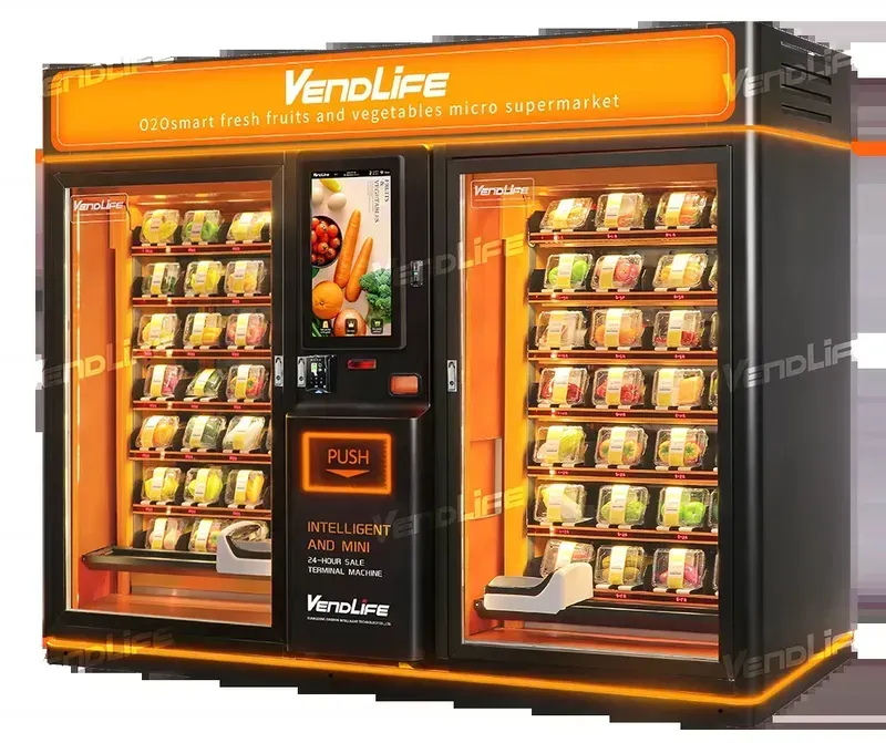 A smart fresh produce vending cabinet in a retail setting