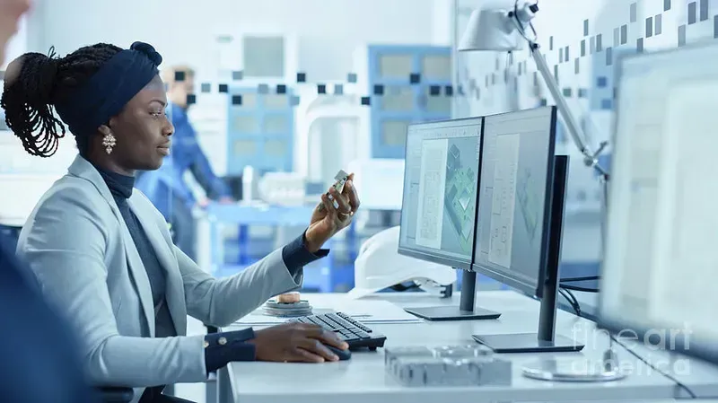 An engineer holding a PCB prototype board in a lab setting