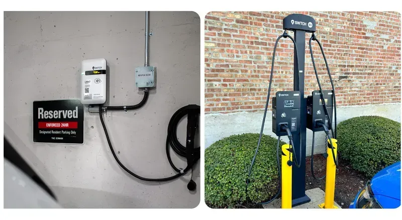 A shared charging device being used in a public setting