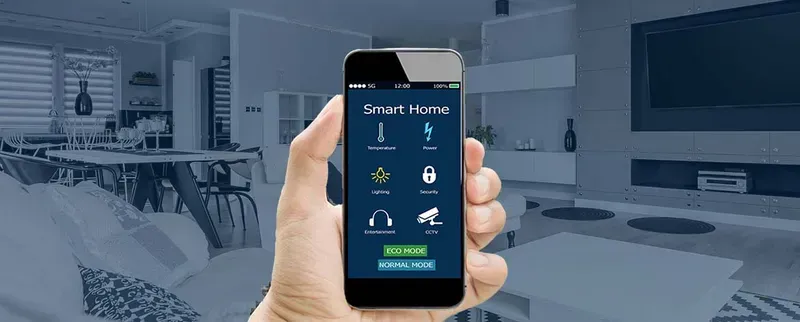 A smartphone screen showing a mobile app controlling various smart home appliances