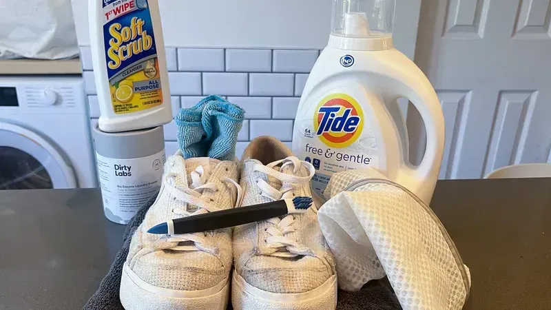 A smart shoe washing cabinet in the process of cleaning a pair of sneakers